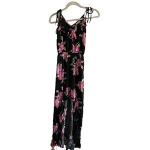 Mimi Chica Women XS Black Floral Sleeveless Tie Strap Ruffle High Low Maxi Dress